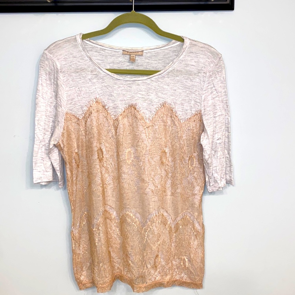 Anthropologie Bordeaux soft grey t-shirt with gold lace overlay, size M